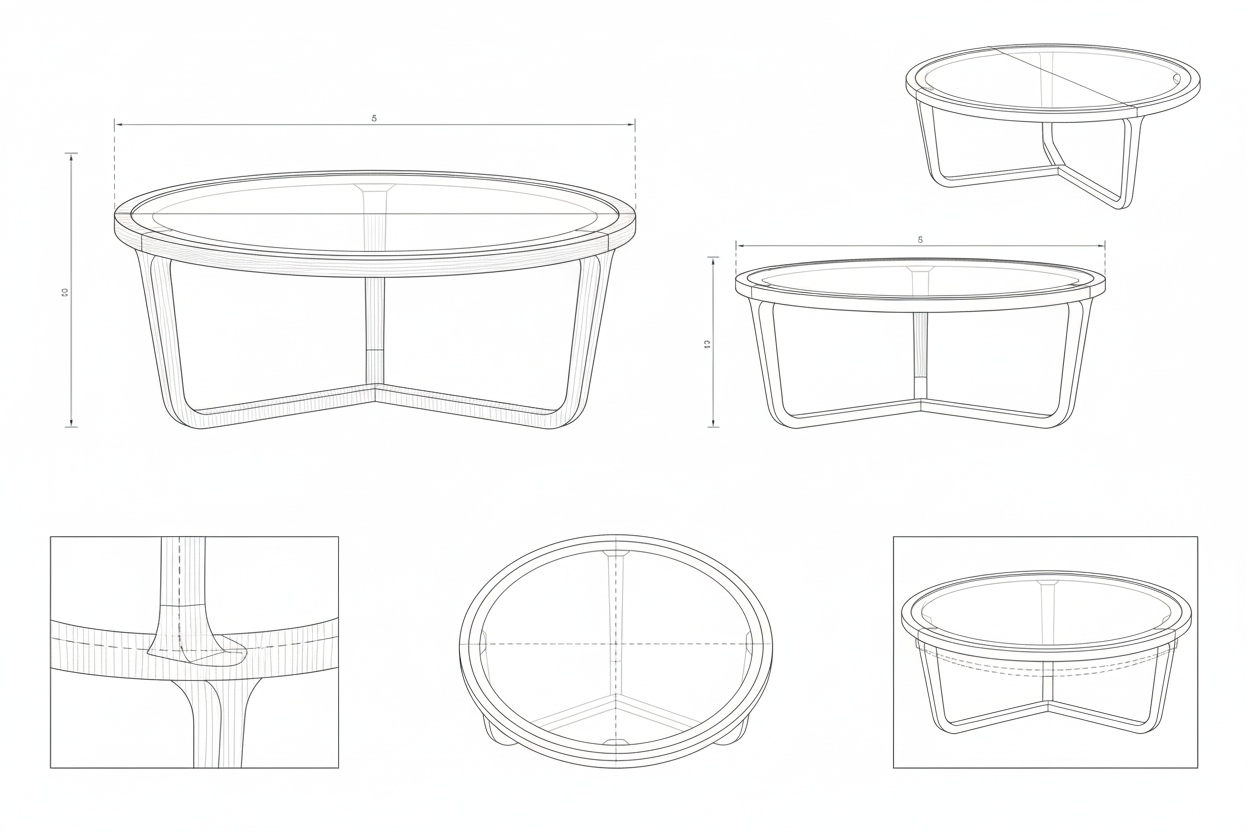 Meja Kopi Kayu Jati & Kaca Modern Minimalis dengan Kaki Lengkung Unik - Bima