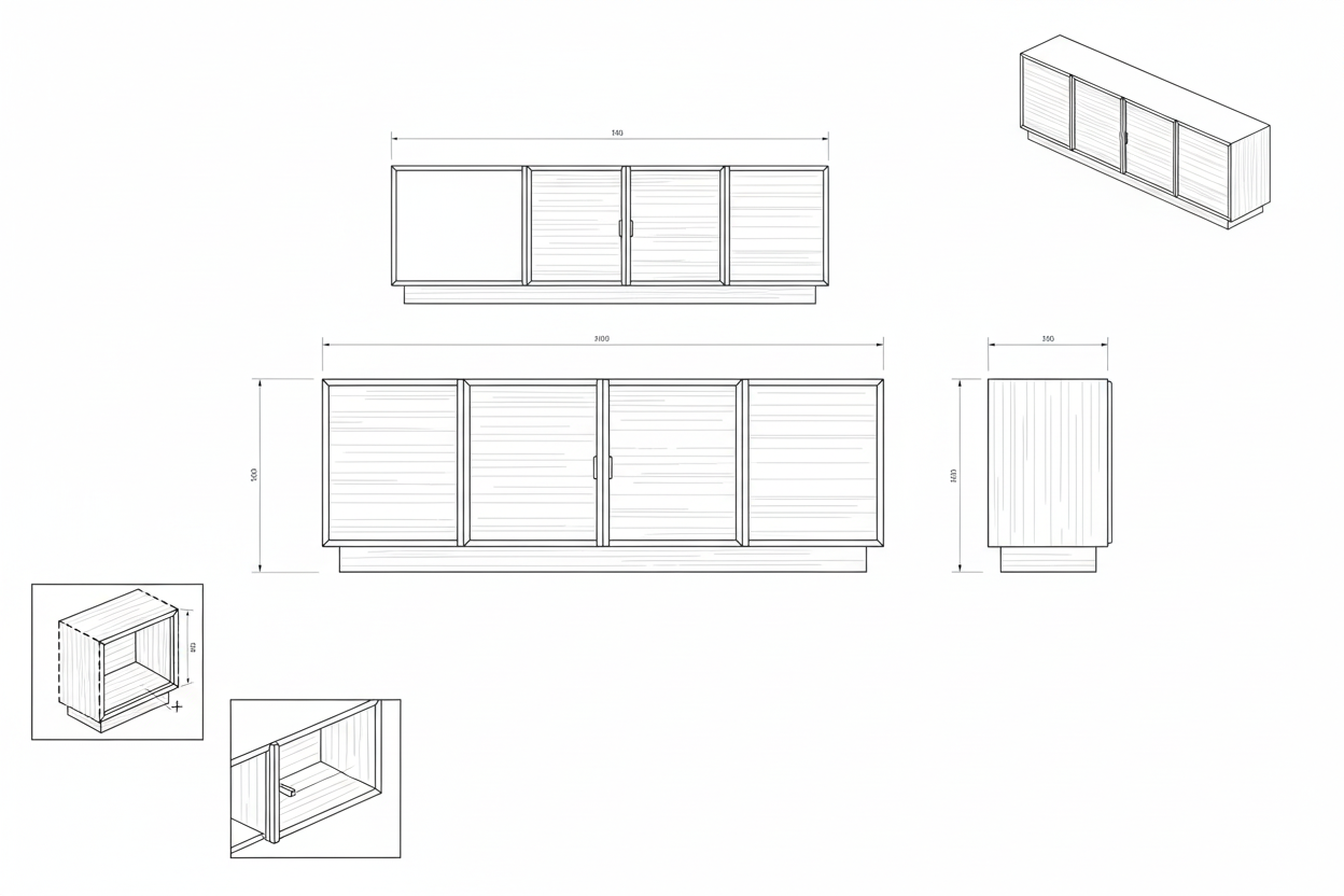 Buffet Kayu Walnut Solid Minimalis Modern 4 Pintu Penyimpanan - Kenza