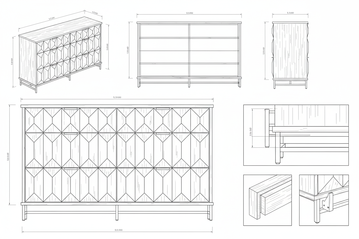 Buffet Kayu Jati Solid & Besi Hollow Modern Kontemporer Geometris dengan Enam Laci Ukiran 3D - Senja