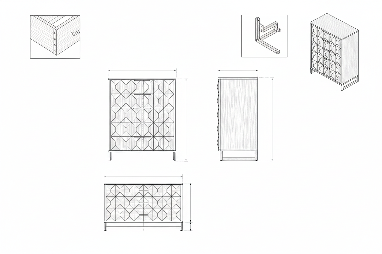 Nakas Laci Tinggi Kayu Mahoni Solid Modern Geometris dengan Kaki Besi Kuningan - Gala