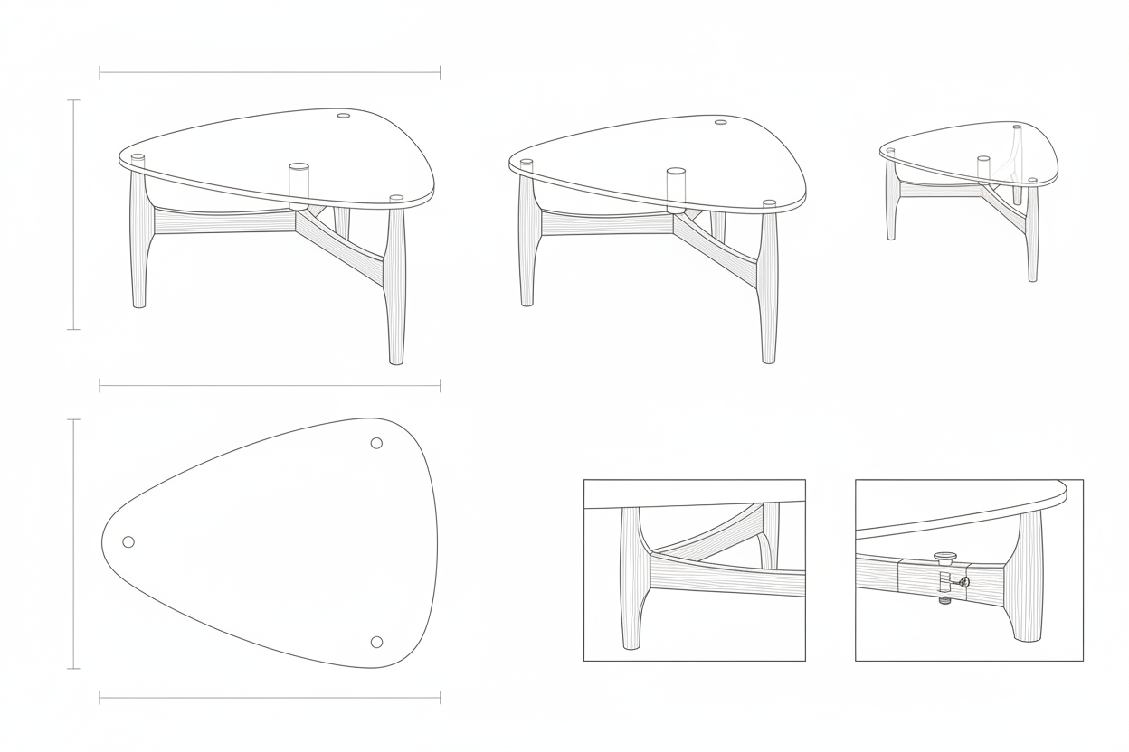 Meja Kopi Kaca Tempered & Kayu Jati Solid Mid-Century Modern Segitiga Organik - Zara