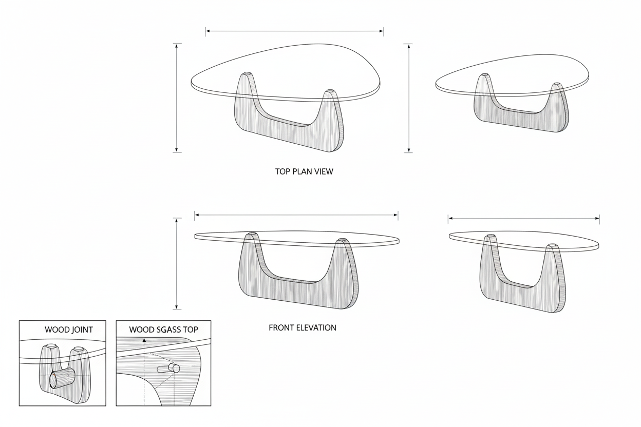 Meja Kopi Kaca Tempered Kayu Solid Mid-Century - Kaira