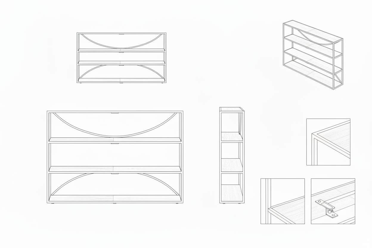 Rak Display Kayu Mindi dan Metal Modern 3 Tingkat dengan Aksen Melengkung - Fahrenheit
