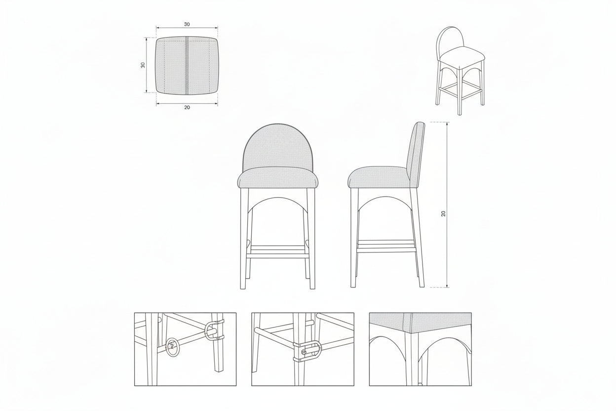 Kursi Bar Kayu Solid & Kain Modern Minimalis Sandaran Melengkung - Lorenzo