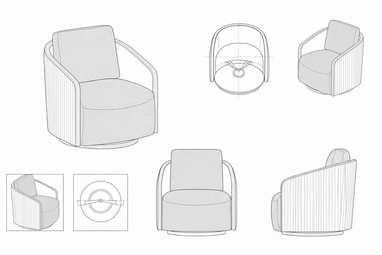 Kursi Putar Kain Linen Kayu Jati Modern Minimalis dengan Sandaran Punggung Tinggi