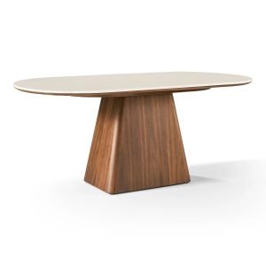 Meja Makan Oval Kayu Jati Modern Pedestal Takahiro