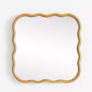 Cermin Dinding Kayu Jati Organik Bingkai Emas - Theta