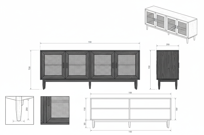 Bufet Kayu Mindi Anyaman Rotan Alami Retro - Hana
