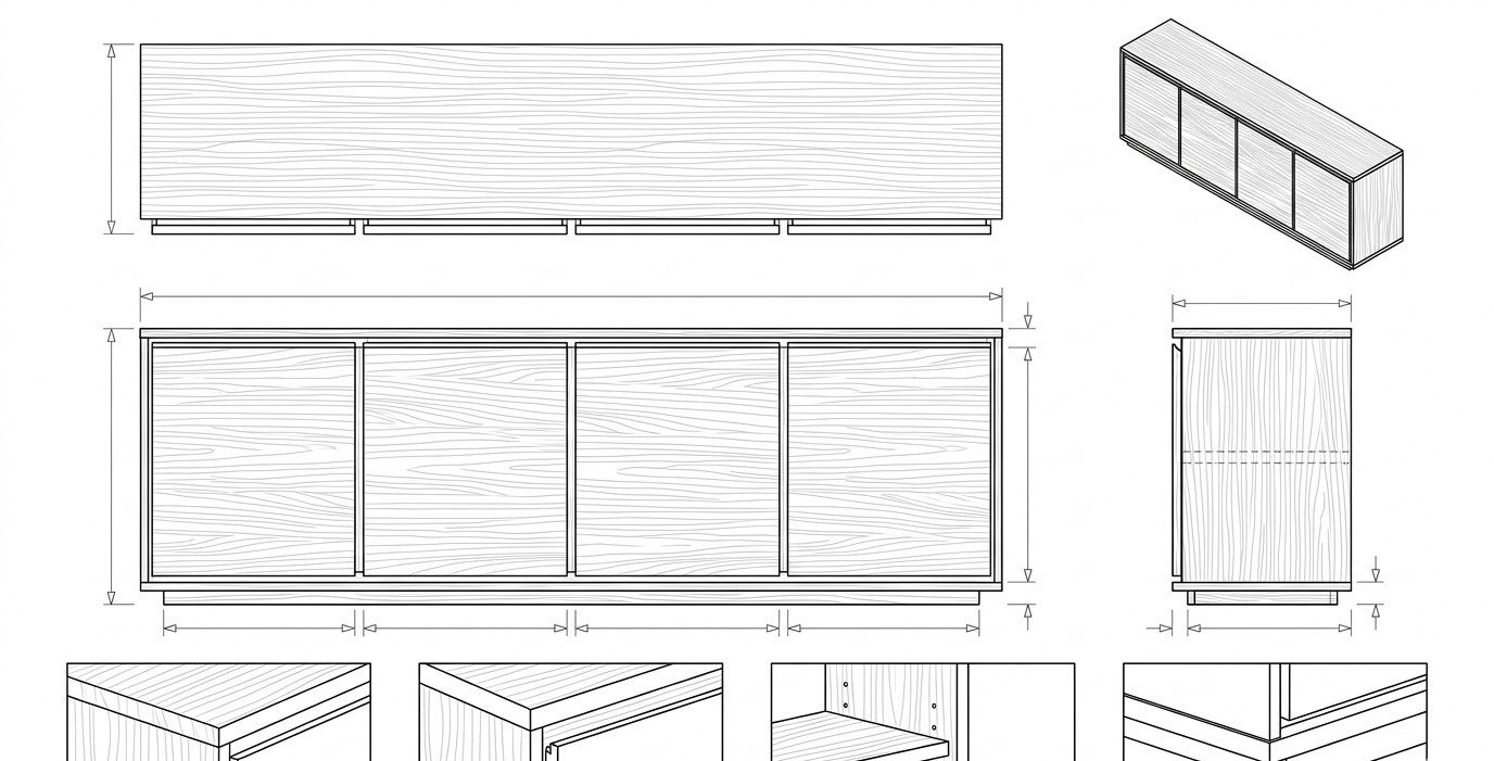 Bufet Kayu Jati Solid Minimalis Modern 4 Pintu - Nara