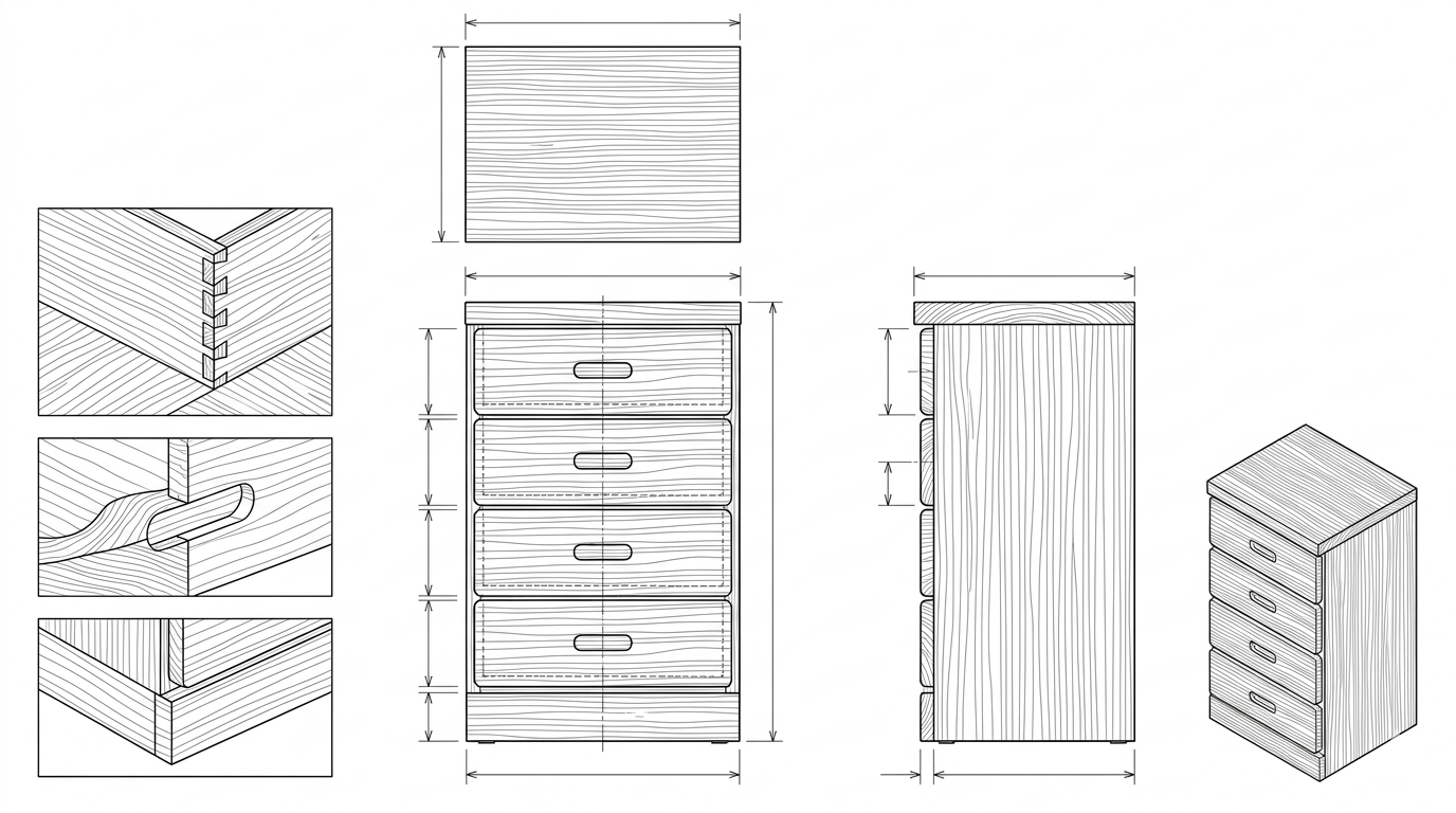 Nakas Kayu Jati Solid Mid-Century Modern dengan 4 Laci - Nova