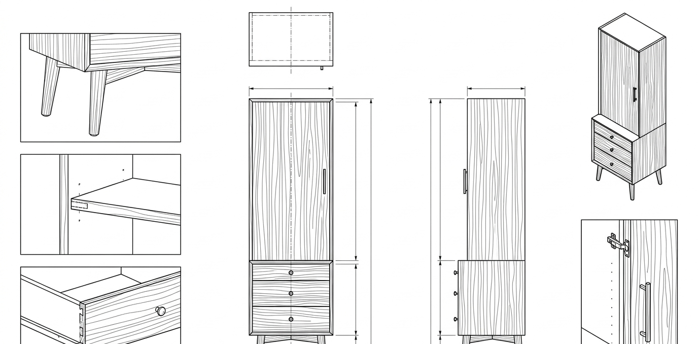 Lemari Pakaian Kayu Jati Solid Mid-Century Modern dengan Laci - Bima