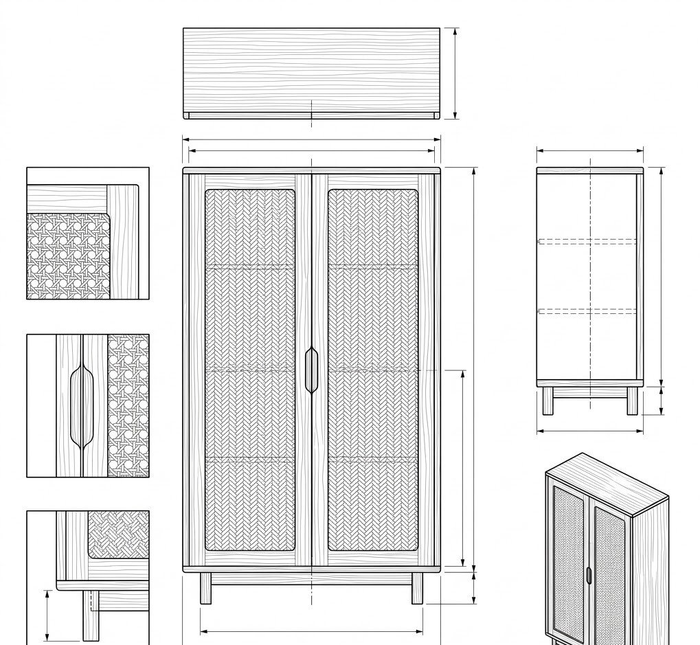 Lemari Pakaian Kayu Jati Solid Natural Rattan Panel - Dara
