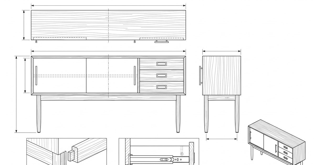 Buffet Kayu Jati Mid-Century Modern dengan Pintu Geser - Kaira