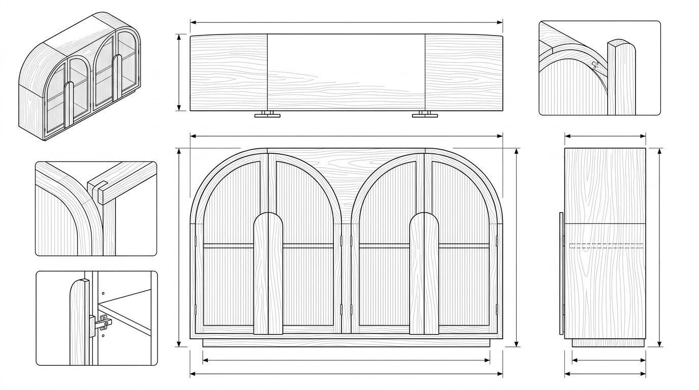 Bufet Kayu Jati Hitam Modern dengan Pintu Kaca Fluted - Dara