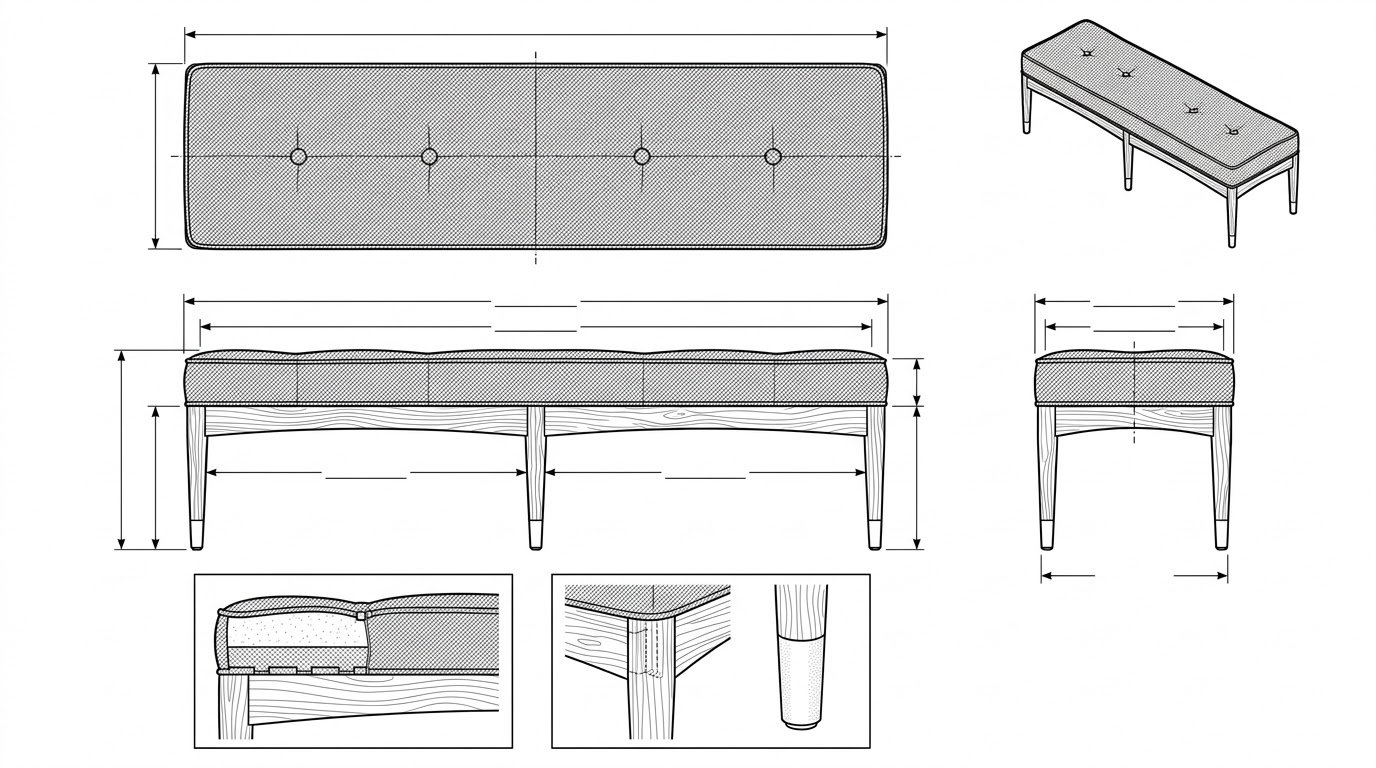 Bench Kayu Jati Mid-Century Modern dengan Kancing - Month