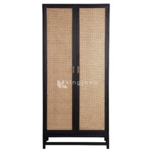desain lemari pakaian modern kayu jati solid warna hitam dan rotan alami