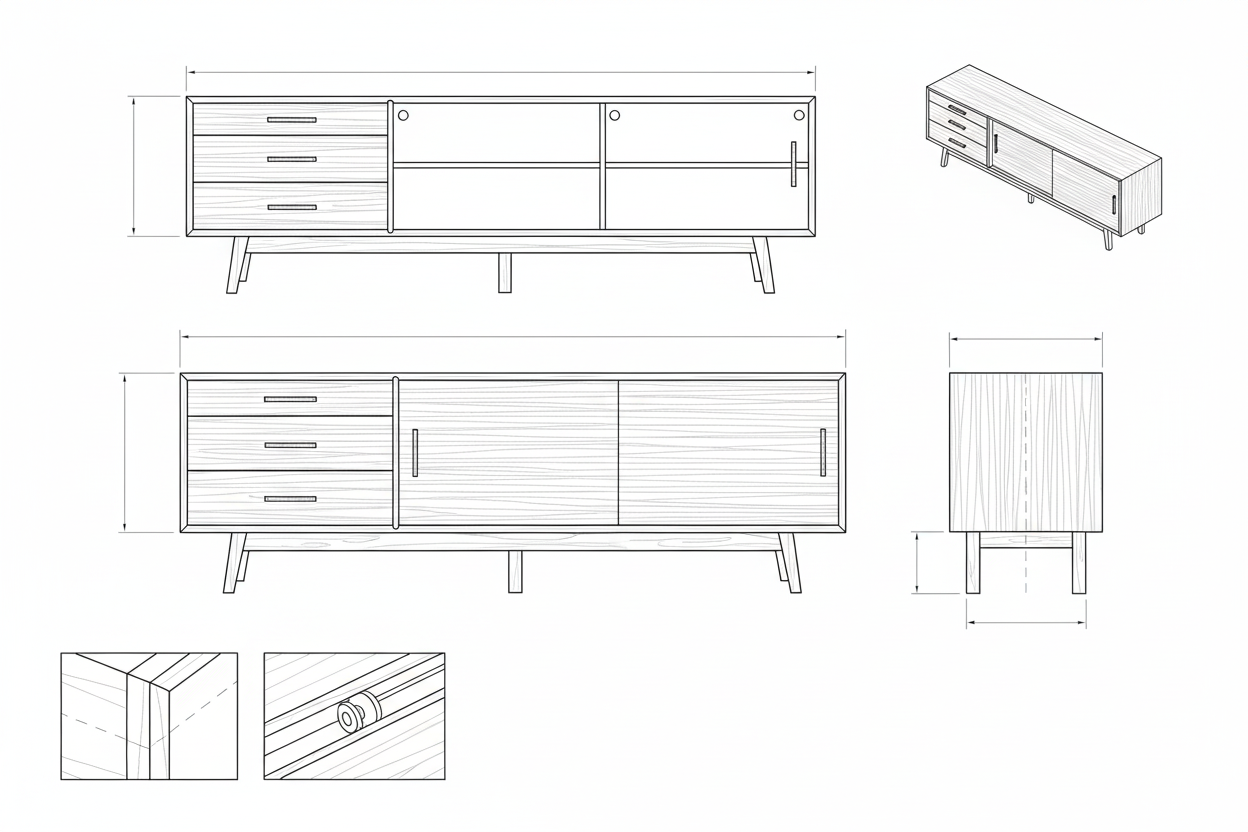 Buffet Kayu Jati Solid Mid-Century Modern dengan Pintu Geser - Senja