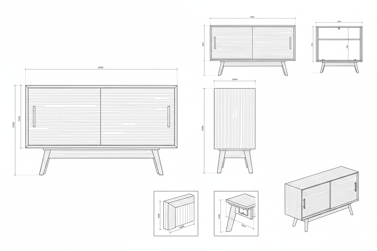 Bufet Kayu Jati Solid Mid-Century Modern dengan Pintu Geser - Nova