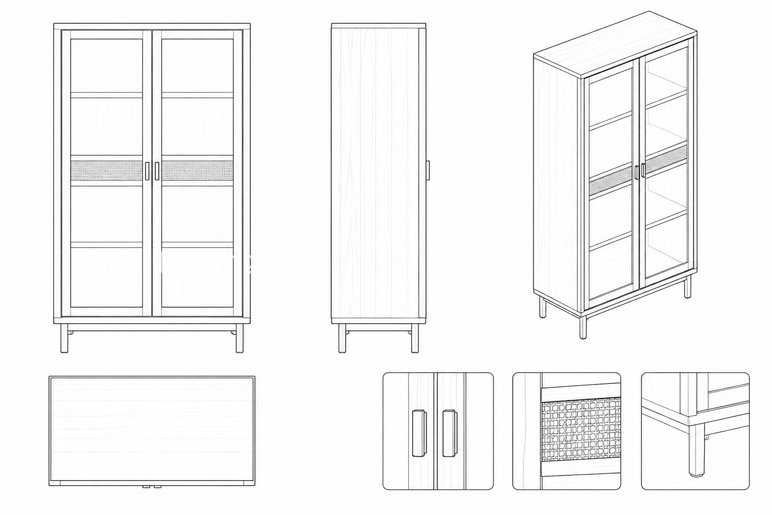 Lemari Display Kayu Jati Solid Mid-Century dengan Pintu Kaca & Anyaman Rotan Felix
