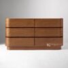 bufet kayu jati solid mid-century modern dengan lengkungan, tampak depan, desain elegan dan fungsional
