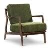 kursi santai kayu jati solid mid-century dengan jok kain velvet hijau army, tampak depan