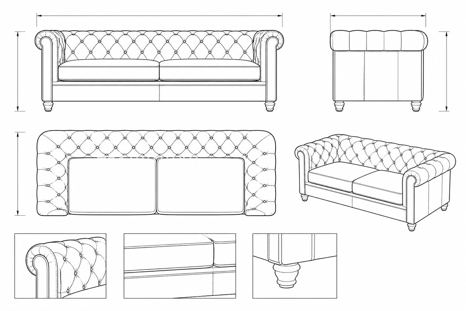 Sofa Kulit Asli Chesterfield Klasik Mewah Fiona
