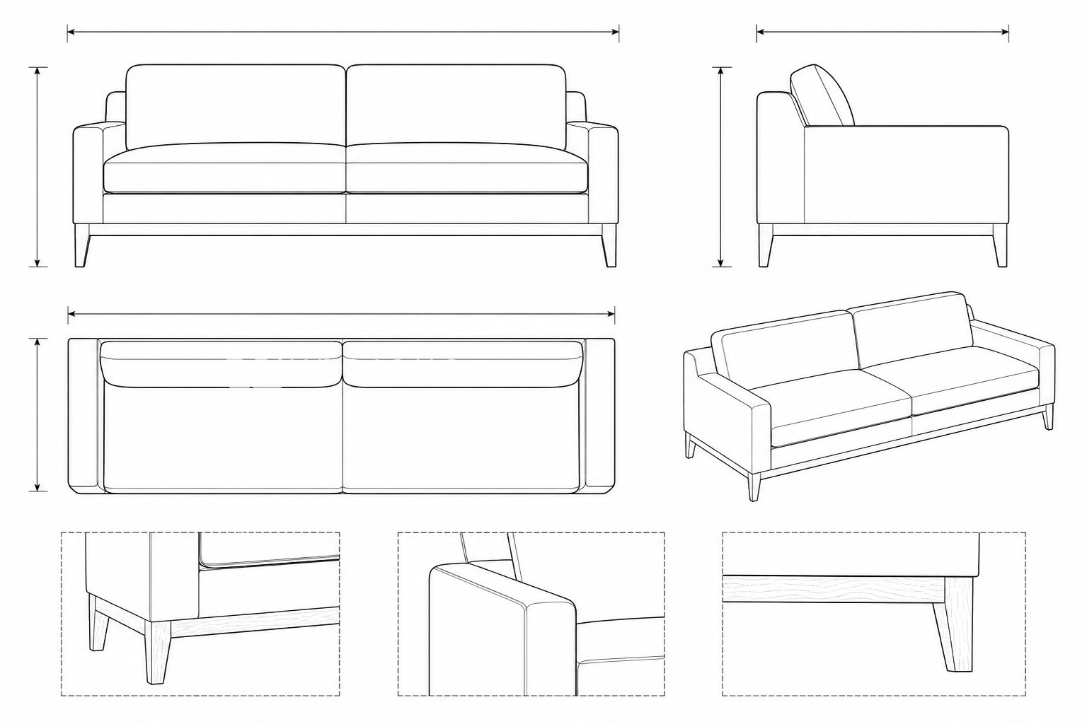 Sofa Kulit Asli Minimalis Modern dengan Kaki Kayu Pholus