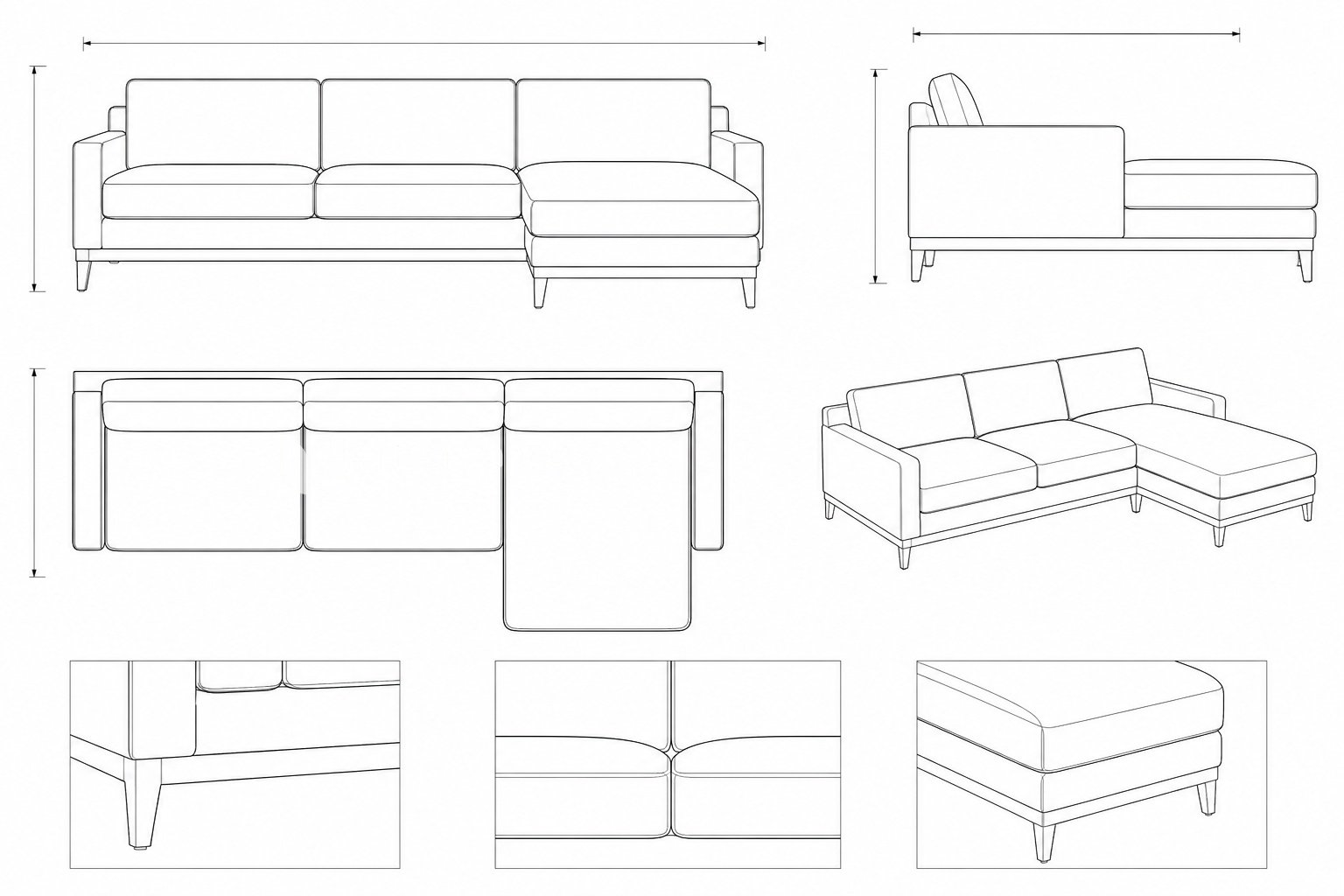 Sofa Sectional Kayu Mahoni Mid-Century Modern dengan Chaise Panjang Merit