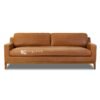 sofa kulit asli minimalis modern, kaki kayu, pandangan depan, desain kontemporer